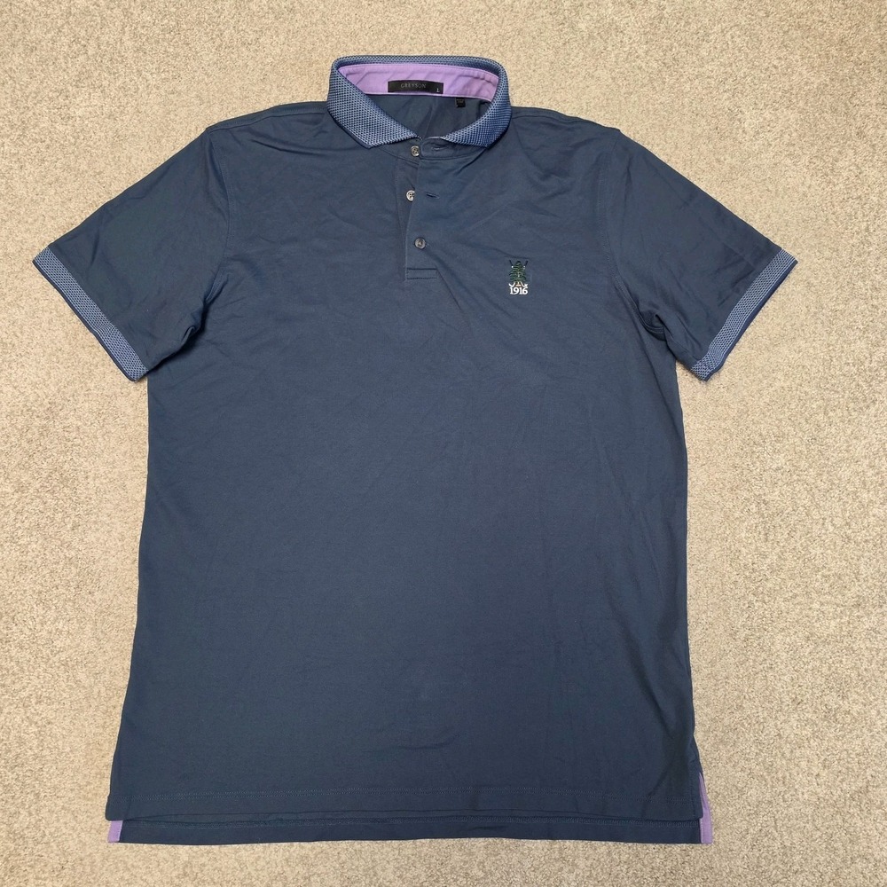 Greyson Men's Golf Polo Blue Sz Large Private Country Club Logo 1916 Embroidered